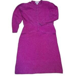 Vintage 80s XL Hot Pink Power Knit Silk Angora Sweater Skirt Set Hong‎ Kong